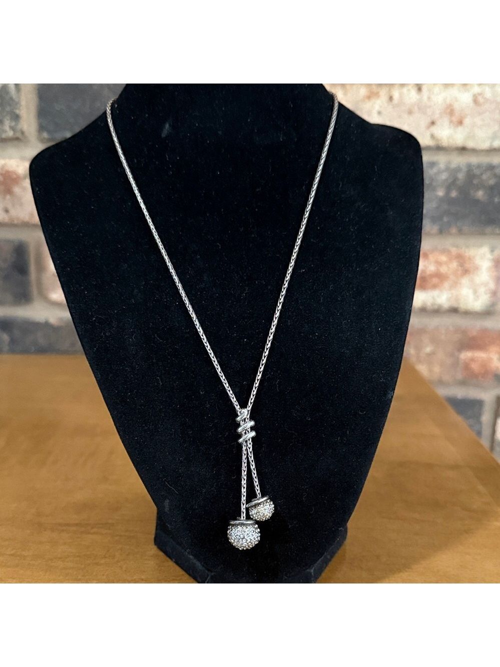 Brighton silver plated twist Lariat style Double Crystal Ball Necklace